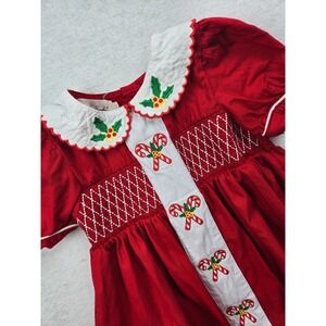 Marie Nicole Girls Christmas Dress Sz S Red Smocked Candy Cane Holiday Boutique